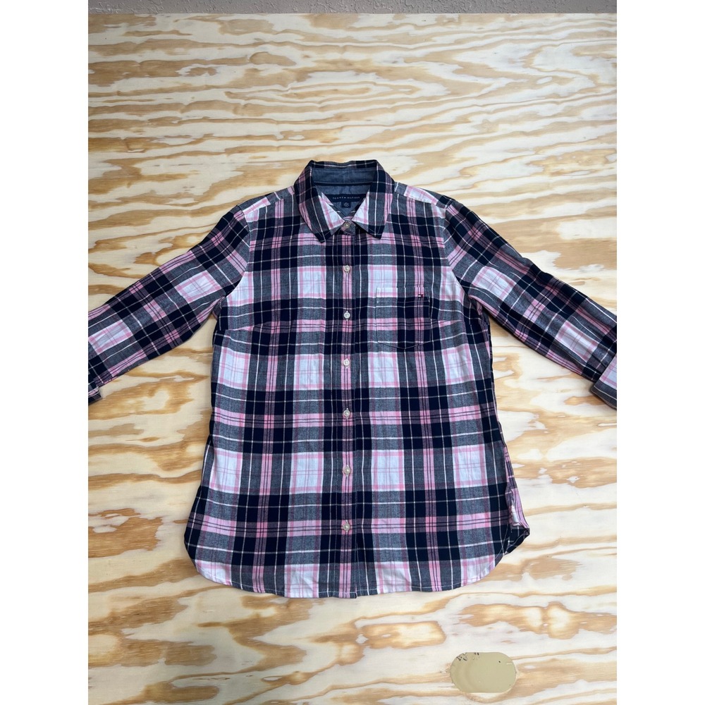 Tommy Hilfiger Womens Pink Navy Blue Plaid Long Sleeve Button Down Shirt XS